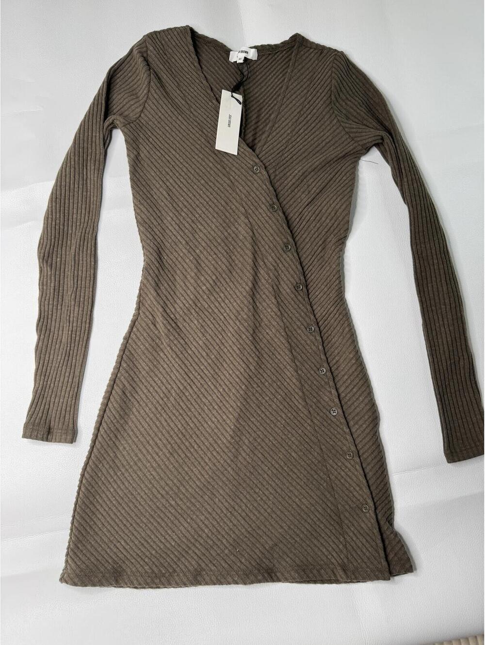 Joah Brown XS-S Ribbed Long Sleeve Wrap Dress in Brown